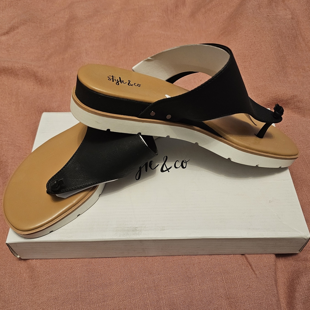 Sandals by Style & Co. Black and Tan Platform Thong Flats with White Lug Sole